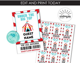 Etiquetas de nombre editables para carnaval de circo, plantilla de pase VIP, descarga digital instantánea, imprimibles, rojo, azul y negro