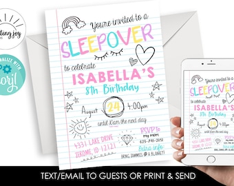 May include: A colorful printable invitation for a sleepover party to celebrate Isabella's 8th birthday. The invitation features a doodle style design with a rainbow, stars, and a heart. The text on the invitation reads "You're invited to a sleepover to celebrate Isabella's 8th birthday. August 24th 4:00pm until 10am the next day. 4331 Lake Drive Jerome, ID 12121. RSVP to my mom 623-741-2051. Extra info: Bring jammies & a blanket!"