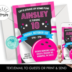 Editable Bowling Invitation Birthday Girls Invite Party 5x7 Digital Instant Download Printable Pink Template