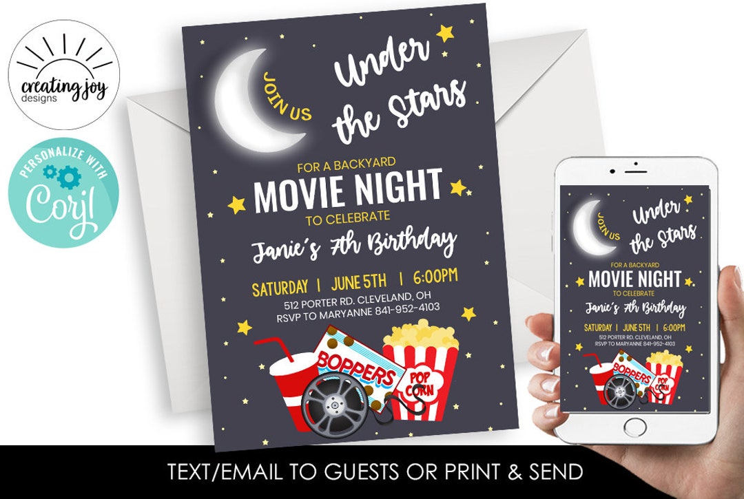 Editable Movie Night Invitation Invite Birthday Under the Stars Digital ...