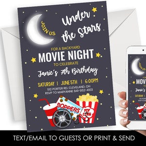 Editable Movie Night Invitation Invite Birthday Under The Stars Digital 5x7 ANY AGE Personalized Cinema Backyard
