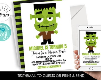 May include: A Halloween-themed invitation featuring a cartoon Frankenstein's monster in green, brown, and black. The invitation text reads "Michael is turning 5" and includes party details. A smartphone displays the same design.