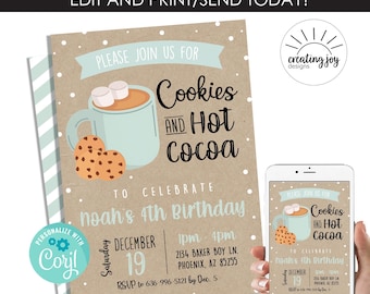 May include: A party invitation with the text "Cookies and Hot Cocoa" and "noah's 4th Birthday." The invitation features a mug of cocoa with marshmallows and cookies. The invitation is on a brown background with white polka dots.