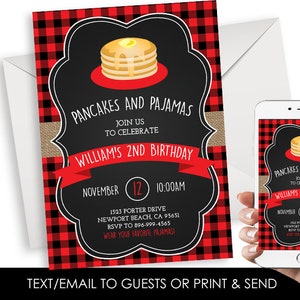 Editable Pancakes & Pajamas Invitation Invite Birthday Chalkboard ANY AGE Digital 5x7 Plaid Red Buffalo Kids