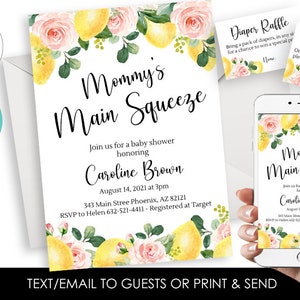 Editable Lemon Baby Shower Invitation Invite Mommy&#39;s Main Squeeze Bundle Set Package Watercolor Floral Lemons Pink Digital 5x7