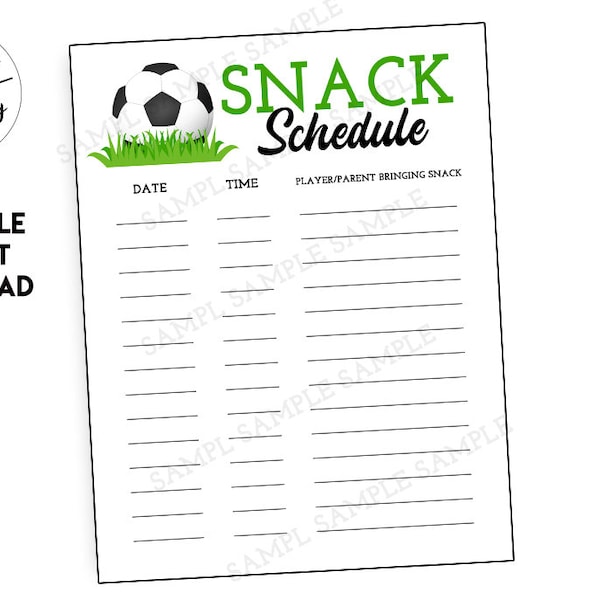 Printable Soccer Snack Schedule Sign Up Sheet Sign Template Digital 8.5x11 Team Instant Download