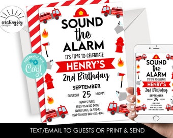 May include: A red and white striped invitation with a fire truck theme. The invitation says "Sound the Alarm It's time to celebrate Henry's 2nd Birthday" with a date and time. The invitation is for a birthday party.