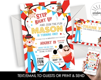 Circus Invite Invitation Birthday First 1st Carnival Stripes Kids Boys Digital 5x7 Personalized ANY AGE