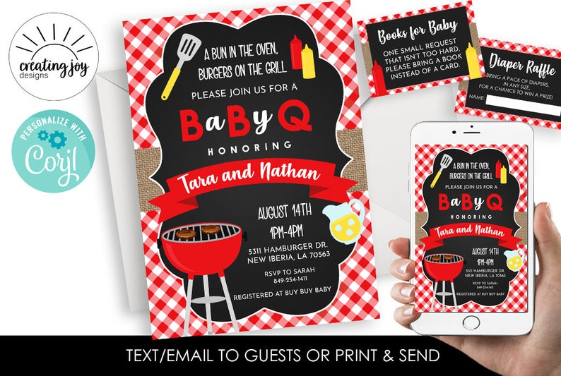 Editable BBQ Baby Shower Invitation Invite 5x7 Digital Picnic image 1