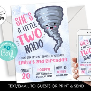 Editable TWOnado Birthday Invitation Pink Girls Tornado Invite Digital 5x7 Instant Download Template