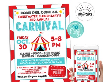 Editable Carnival Flyer Template School Invitation Fundraiser Instant Download Digital 8.5x11 Circus Charity Church