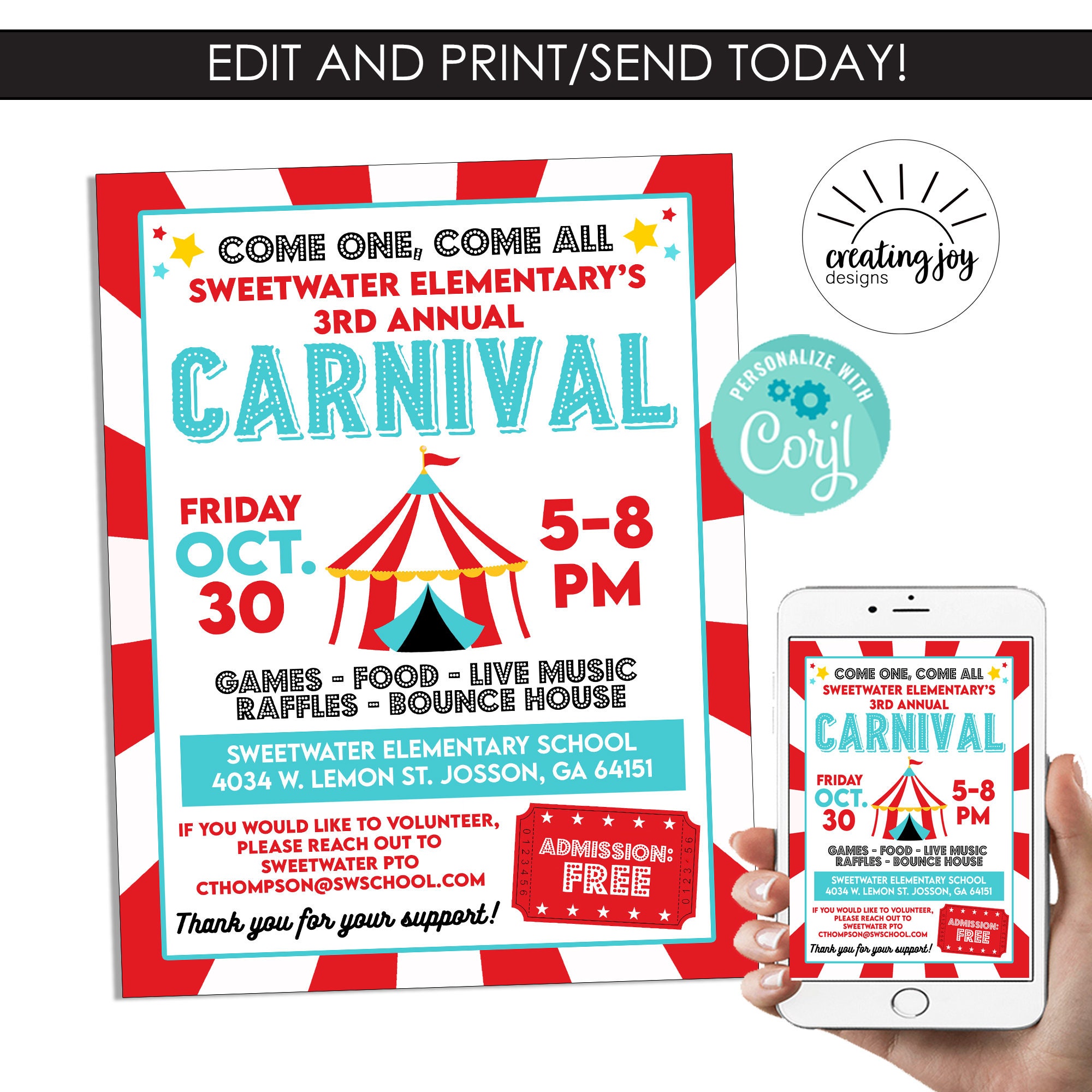Editable Carnival Flyer Template School Invitation Fundraiser Instant Download Digital 8.5x11 Circus Charity Church
