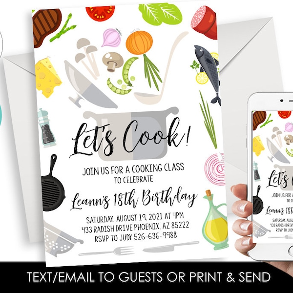 Editable Cooking Class Birthday Invite Invitation Digital 5x7 Adult Kids Any Age Kitchen Cook Chef