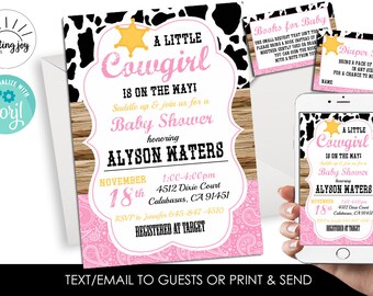 Editable Cowgirl Baby Shower Invitation Invite Digital Sprinkle Pink Country Wood Cow Print 5x7 Girl Bundle Set Corjl