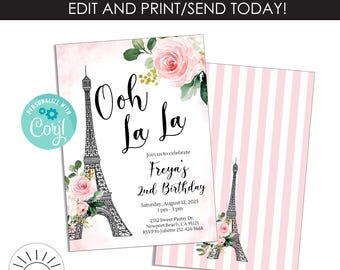 Editable Paris Birthday Invitation Invite Template Ooh La La 5x7 French Watercolor Elegant Instant Download
