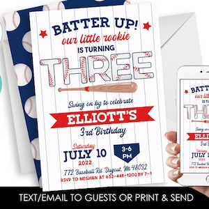 Editable Baseball Birthday Invite 3rd Invitation Three Digital 5x7 Party Kids Boy Rookie Sports Allstar