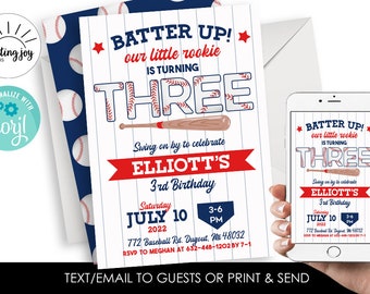 Editable Baseball Birthday Invite 3rd Invitation Three Digital 5x7 Party Kids Boy Rookie Sports Allstar