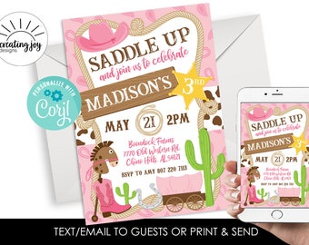 May include: Pink and brown invitation with a cow print background. The invitation says "Saddle Up and join us to celebrate Madison's 3rd. May 21, 2PM. Brendock Farms, 7770 Old Western Rd, Chine Hills, AL 54121. RSVP to Amy 807 220 7113".