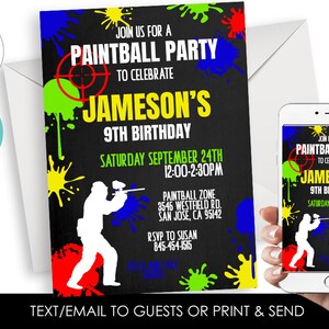 Editable Paintball Invite Invitation Battle Gun 5x7 Invite Kids Birthday Party Digital Personalized image 1