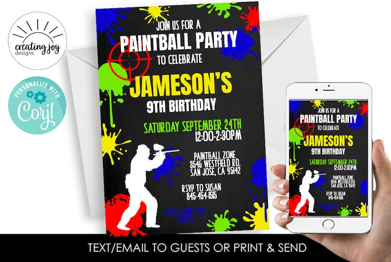 Editable Paintball Invite Invitation Battle Gun 5x7 Invite Kids Birthday Party Digital Personalized image 1