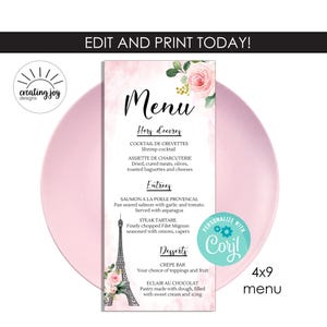 Editable Paris Menu Template 4x9 Bridal Shower Party Birthday French Ooh La La She Said Oui Watercolor