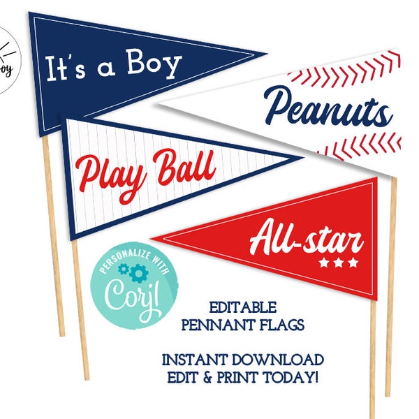 Baseball Baby Shower Pennant Flags Digital Editable Blue Red Printable Classic Birthday Party Centerpeice Decoration Home Run