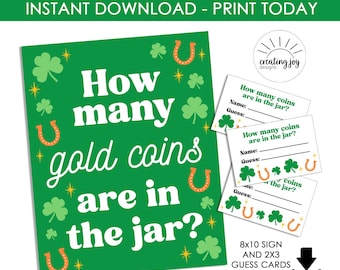 St Patricks Day Guessing Game How Many Coins in Jar Printable Digital Instant Download 8x10 Sign Guess Cards Kids Games Party