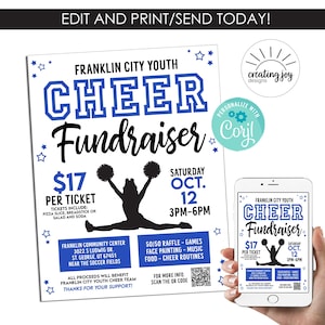 May include: A blue and white flyer with a black and white silhouette of a cheerleader. The flyer advertises a cheer fundraiser for the Franklin City Youth Cheer Team. The event will be held on Saturday, 12th October from 3pm to 6pm at the Franklin Community Center. The flyer includes a QR code for more information.
