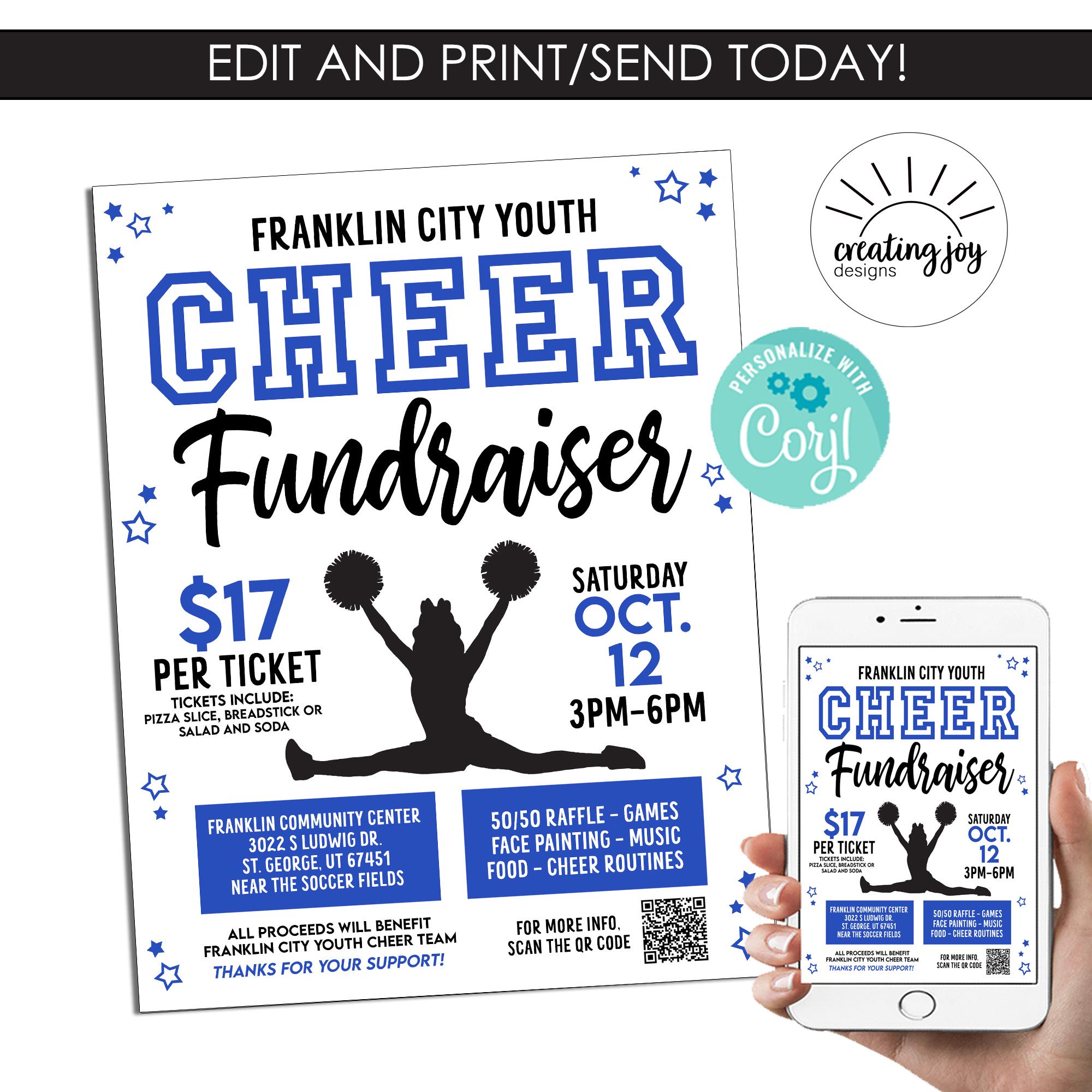 Editable Cheer Fundraiser Flyer Blue Digital Template Instant Download 8.5x11 Cheerleader Benefit File