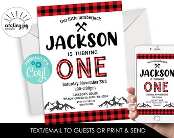 Editable Lumberjack First Birthday Invite Invitation Plaid Hunter Buffalo 5x7 Digital Personalized Any Age Winter Instant Download