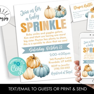 May include: Baby sprinkle invitation featuring watercolour pumpkins in orange and teal. The invitation includes the text "Join us for a baby sprinkle" and event details. A smartphone displays the invitation. Additional cards are included.