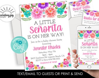 Editable Fiesta Baby Shower Invitation Invite Mexican Flowers Sprinkle Little Senorita 5x7 Digital Personalized Colorful Instant Download