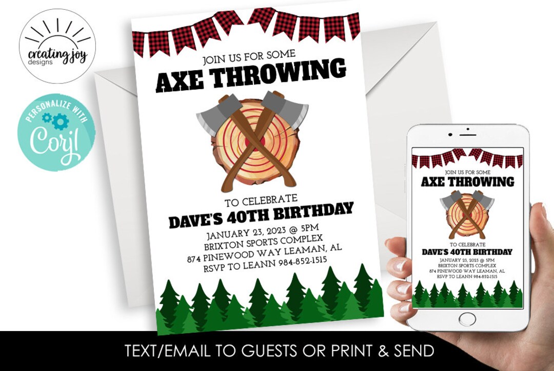Editable Axe Throwing Invitation Invite Digital 5x7 Adult Lumberjack
