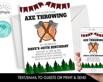 May include: A printable invitation for a 40th birthday party with a lumberjack theme. The invitation features a red and black checked pattern, a wood-grain background, and a cartoon image of two axes crossing over a target. The text on the invitation reads "Join us for some Axe Throwing to celebrate Dave's 40th Birthday".