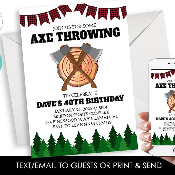 Editable Axe Throwing Invitation Invite Digital 5x7 Adult Lumberjack Party Birthday
