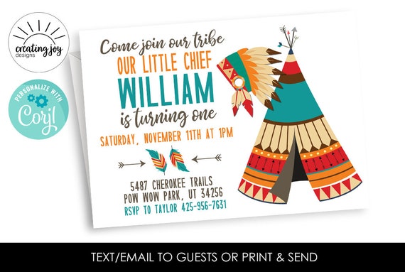 Editable Little Chief Invite Birthday Invitation Teepee Tribe Pow