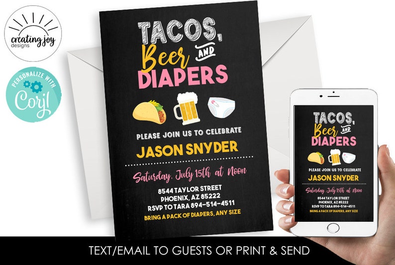 Editable Tacos Beer Diaper Invitation Invite Digital Baby Etsy