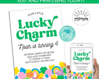 Editable Lucky Charm Invite Birthday St Patricks Day Invitation Party Kids 5x7 Green St Pattys Day Instant Download Template