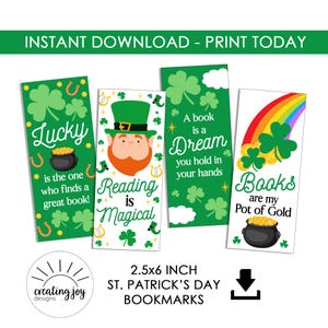 Pode incluir: Quatro marcadores do Dia de São Patrício com trevos verdes, arco-íris e ilustrações de duendes. Os marcadores têm texto que diz "Lucky", "Reading is Magical", "A book is a Dream" e "Books are my Pot of Gold". Cada marcador mede 6,35 x 15,24 cm.