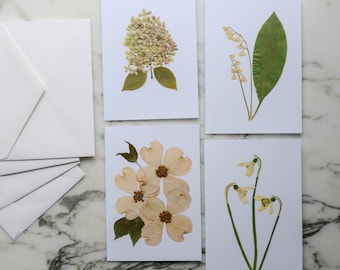 White & Green Florals | Blank Miniature Cards, set of four, with white linen envelopes | Print reproduction of pressed flower designs