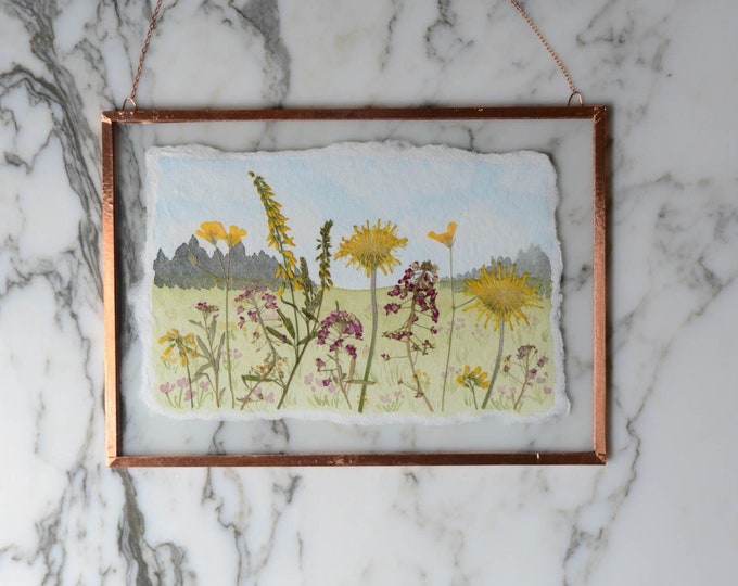 Watercolor Flowerscape | Real pressed flower and watercolor wall hanging | 5x7" glass with copper edging | botanical home decor