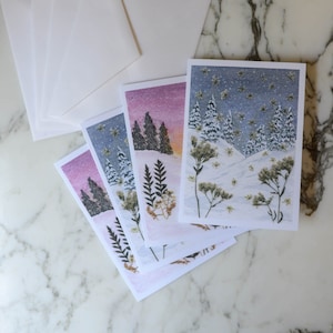 Aquarelles hivernales (2023 NOUVEAUX modèles) | Cartes de voeux vierges avec enveloppes blanches | Reproduction imprimée de motifs floraux pressés | 4,5 x 6 po.