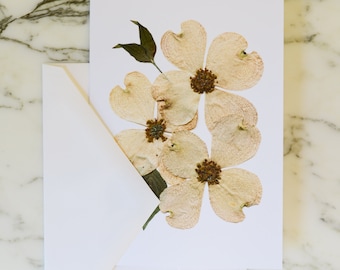 Flowering dogwood, VA NC State Flower | Blank Greeting Card with white linen envelope | Print reproduction of pressed flower design | 4.5x6"