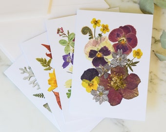 Four Seasons | Blank Greeting Cards, set of four, with white linen envelopes | Print reproduction of pressed flower designs | 4.5x6"