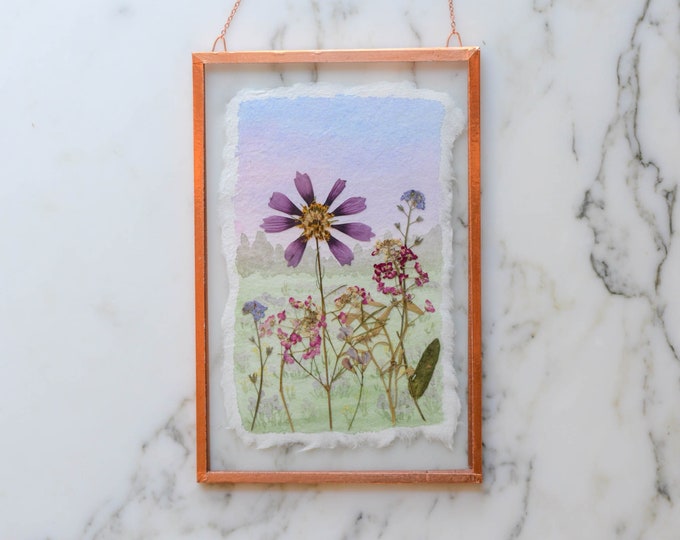 Watercolor Flowerscape | Real pressed flower and watercolor wall hanging | 4x6" glass with copper edging | botanical home decor