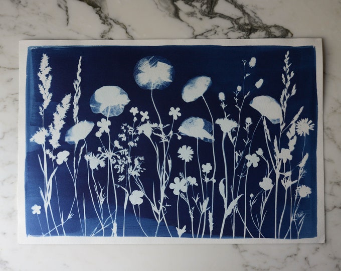 Spring Equinox Meadow | Cyanotype Art, 12x18" Watercolor Paper | Sun Print, Blue Print, Botanical Art, Pressed Flowers, Photogram