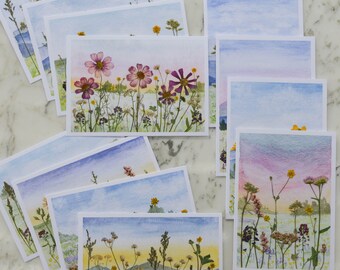 SINGLE Watercolor Flowerscape | Blank Greeting Card with natural envelope | Print reproduction of pressed flower design | 5x7"