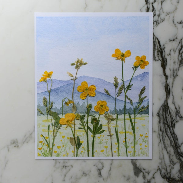 Blue Ridge Buttercups | Watercolor Flowerscape | Print artwork | 100% cotton rag paper | Watercolor Pressed Flowers Mixed Media Art