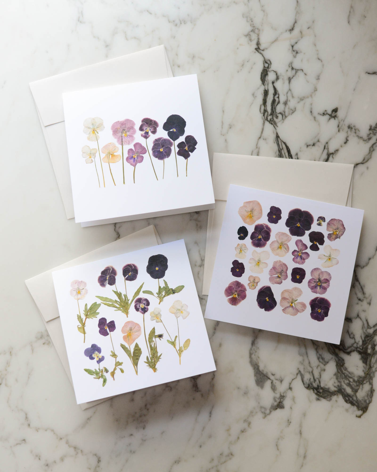 Viola Trio | Set of Blank Greeting Cards, with white linen envelopes | Print reproduction of pressed flower designs | 5x5" square