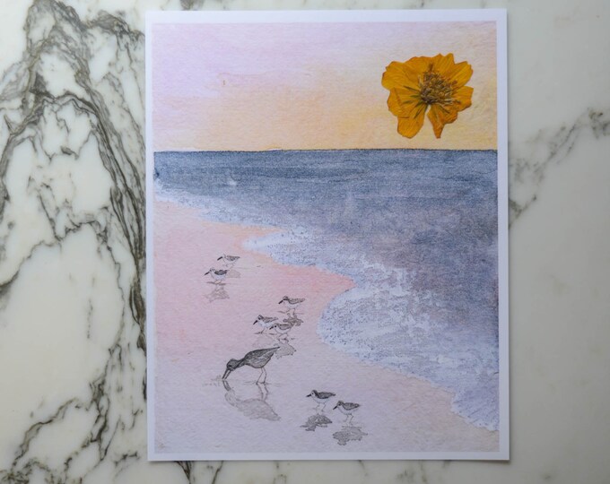 Sunrise Shorebirds | Watercolor Flowerscape | Print artwork | 100% cotton rag paper | Watercolor Pressed Flowers Mixed Media Art
